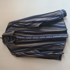 Men's large Puritan black gray blue vertical striped long sleeve button up shirt